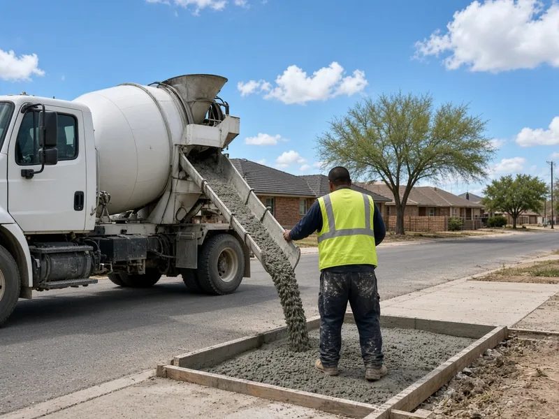 Ready-mix truck chute pouring an approach at the curb, worker seen from behind