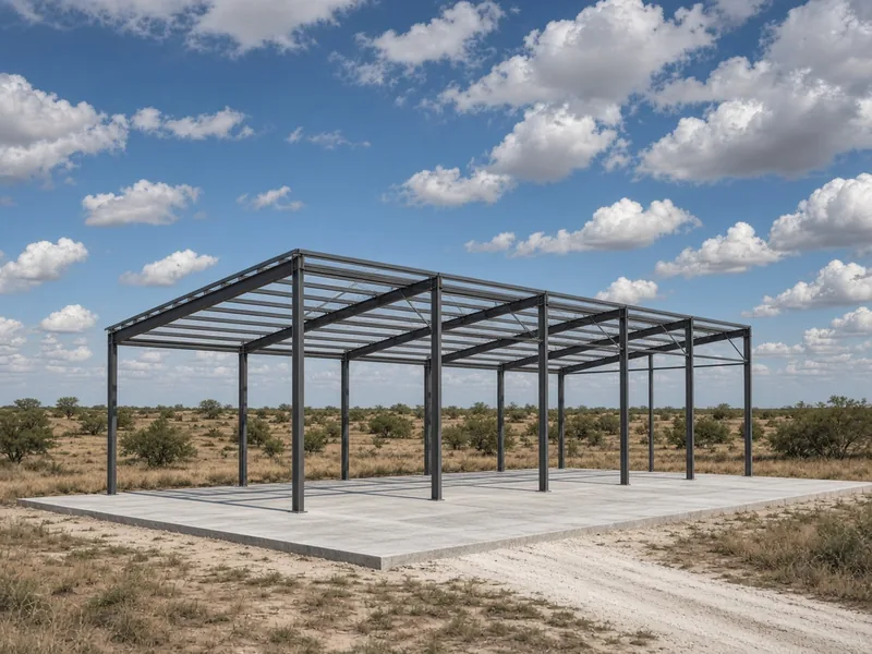 Steel building frame standing on a fresh concrete slab on open land
