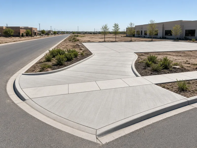 Wide commercial concrete approach with large radii meeting the street