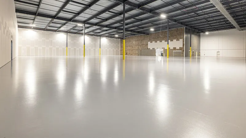 Large empty steel building with a smooth light-gray concrete floor and yellow-painted columns
