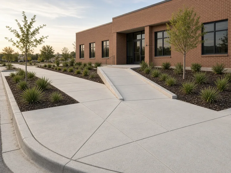 New concrete sidewalk, ramp and entry walk at a brick office building