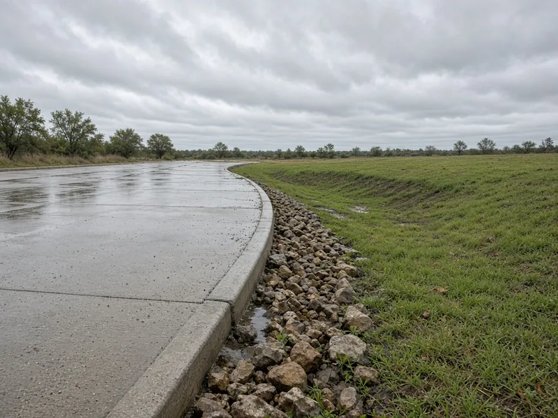 Wet concrete lot edge draining to a rock-lined grassy swale after rain, Abilene, TX