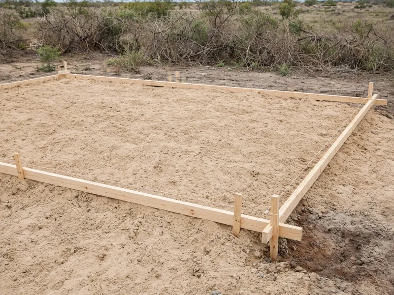 Slab forms and string lines on a stripped sandy house lot, Clyde, TX