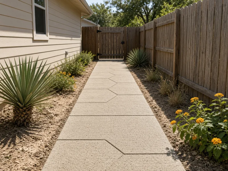 New concrete side-yard walkway leading to a backyard gate