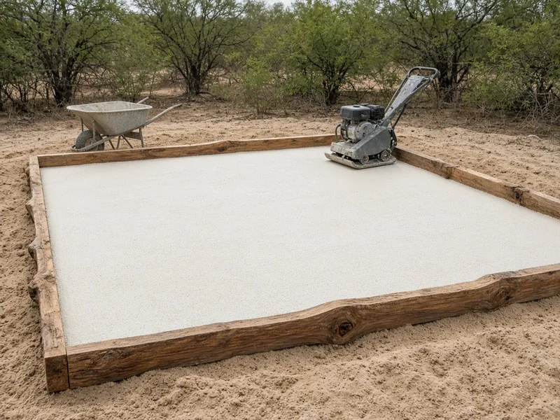 Compacted crushed limestone base inside slab forms on sandy ground