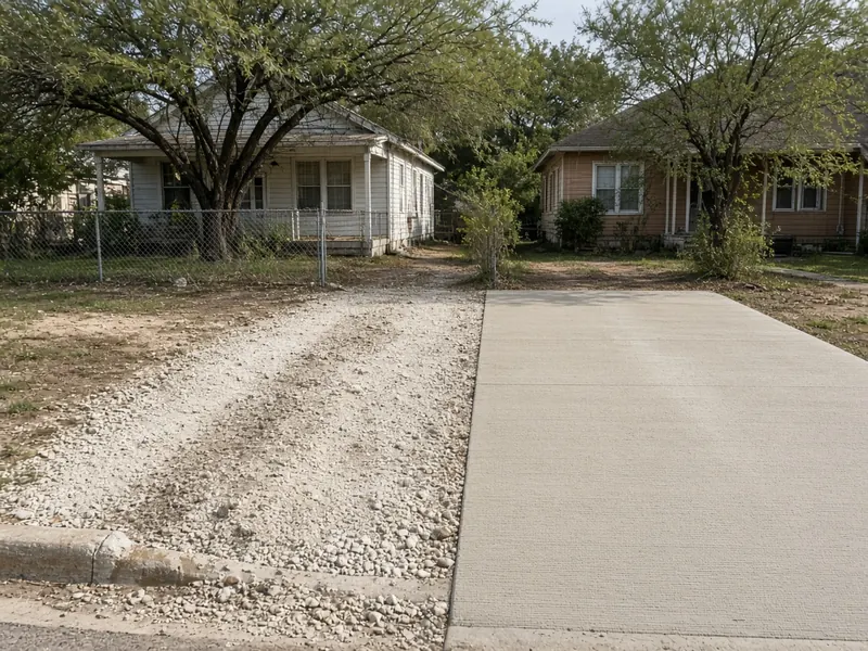 Rutted gravel drive beside a new broom-finish concrete drive, Clyde, TX