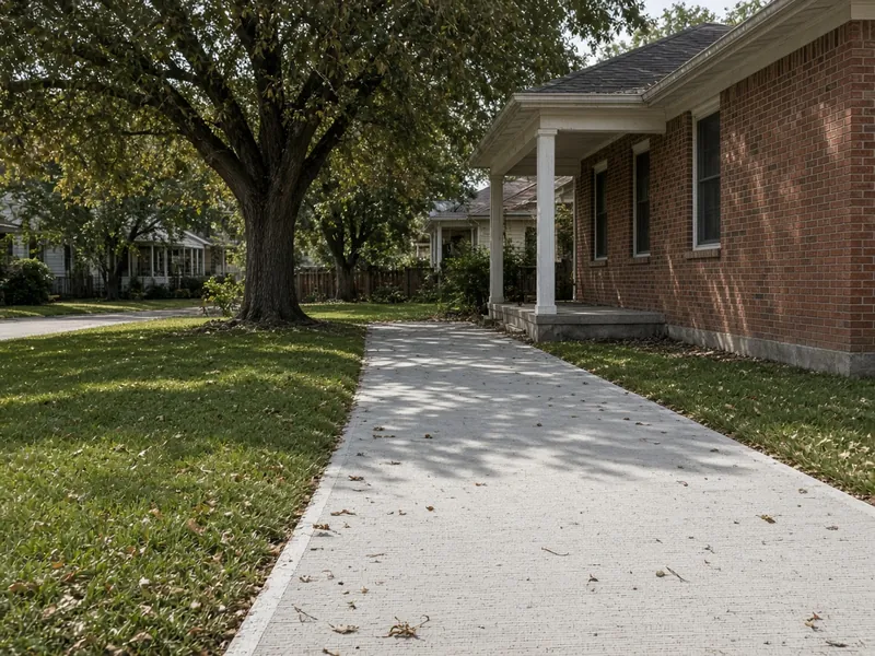 New concrete driveway beside a brick bungalow in pecan shade