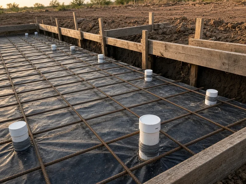 House slab forms with vapor barrier, rebar and plumbing stub-outs ready for inspection, Merkel, TX