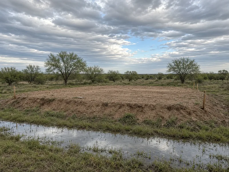 Raised building pad above a rain-filled drainage swale on flat land, Potosi, TX