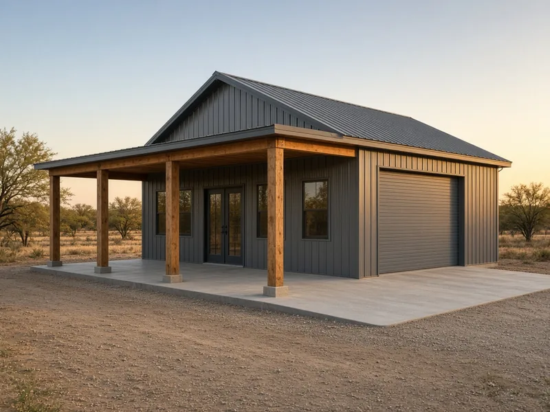 Metal barndominium with a concrete porch slab and apron at sunset