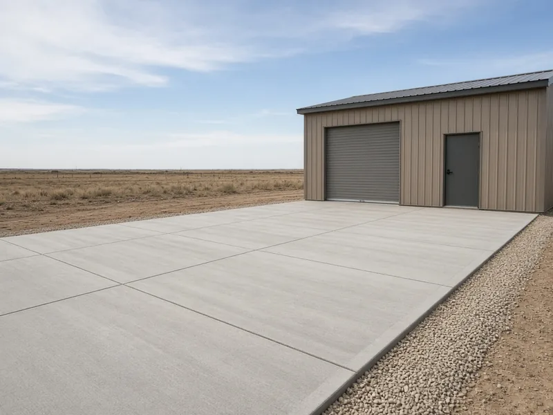 Empty concrete RV pad beside a tan metal shop on open land