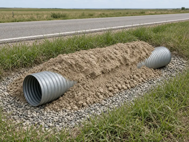 New corrugated steel culvert bedded in gravel in a roadside ditch