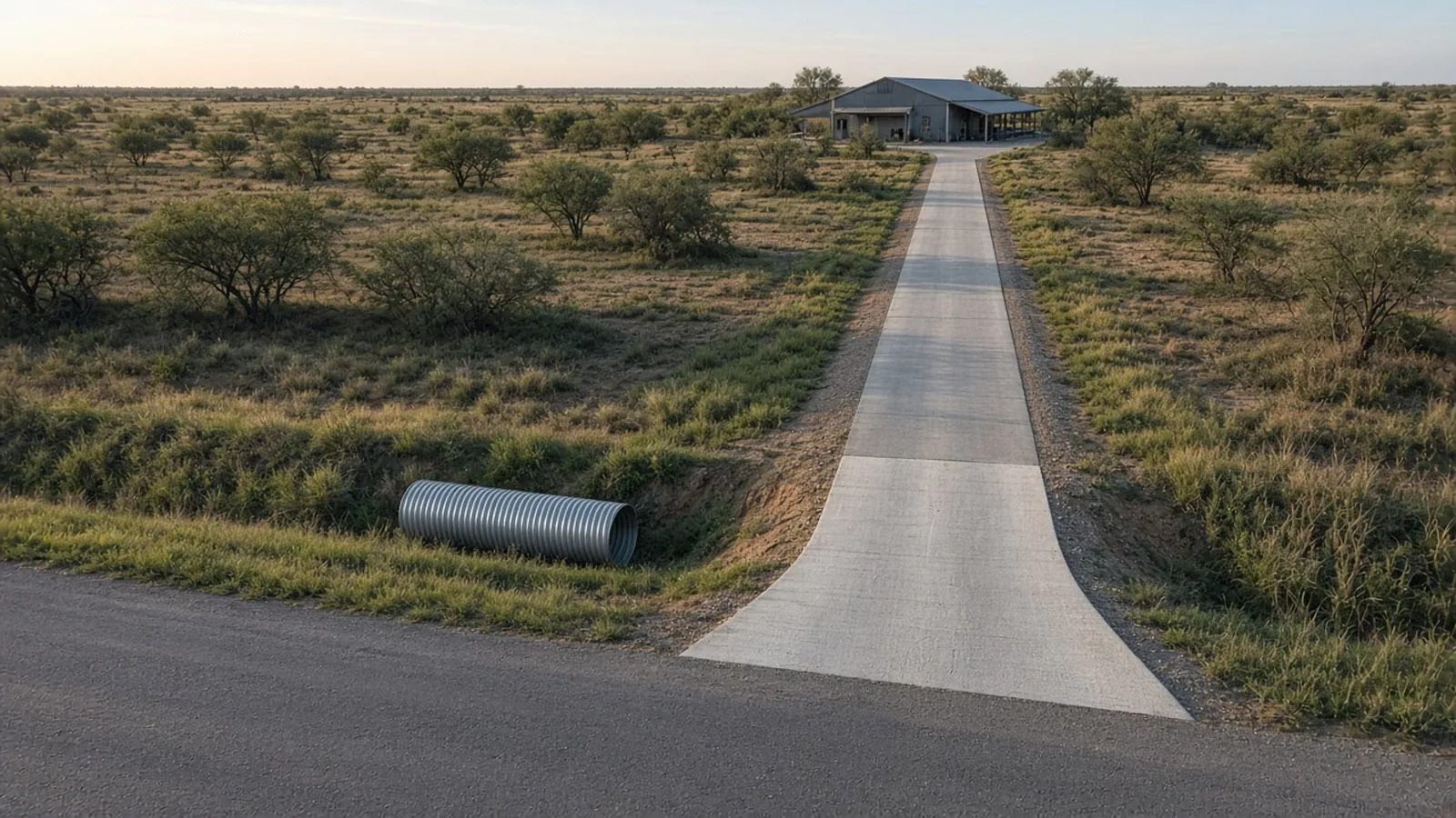 Long concrete drive meeting a county road at a culverted ditch, barndominium behind, Potosi, TX