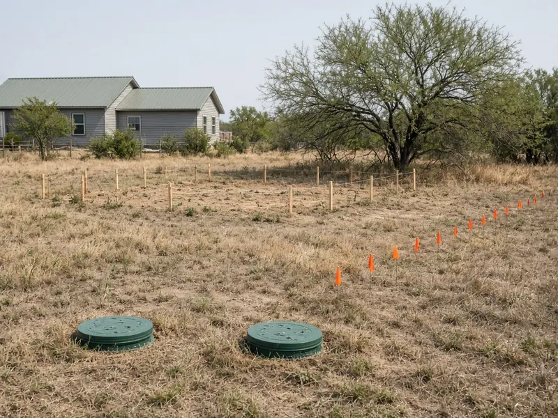 Septic tank lids and drain field flags with slab forms staked clear of them, Potosi, TX