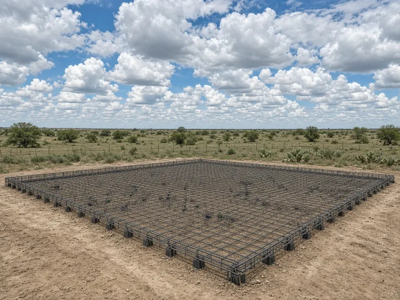 Barndominium slab rebar on open flat acreage with mesquite and prickly pear, Potosi, TX