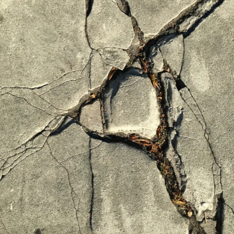 Close-up of a broken concrete slab with wide branching cracks and loose pieces