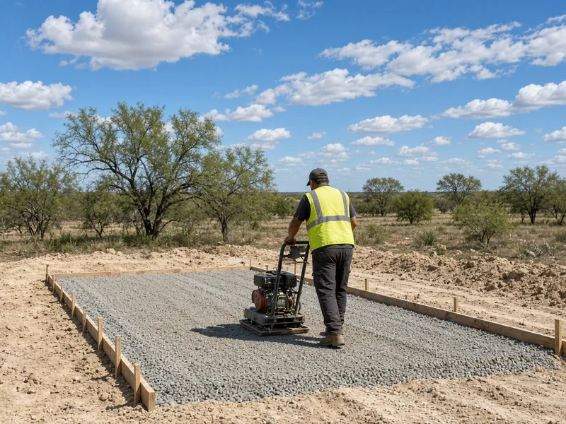 Worker in a hi-vis vest compacting a crushed-stone driveway base inside wood forms, Abilene, TX