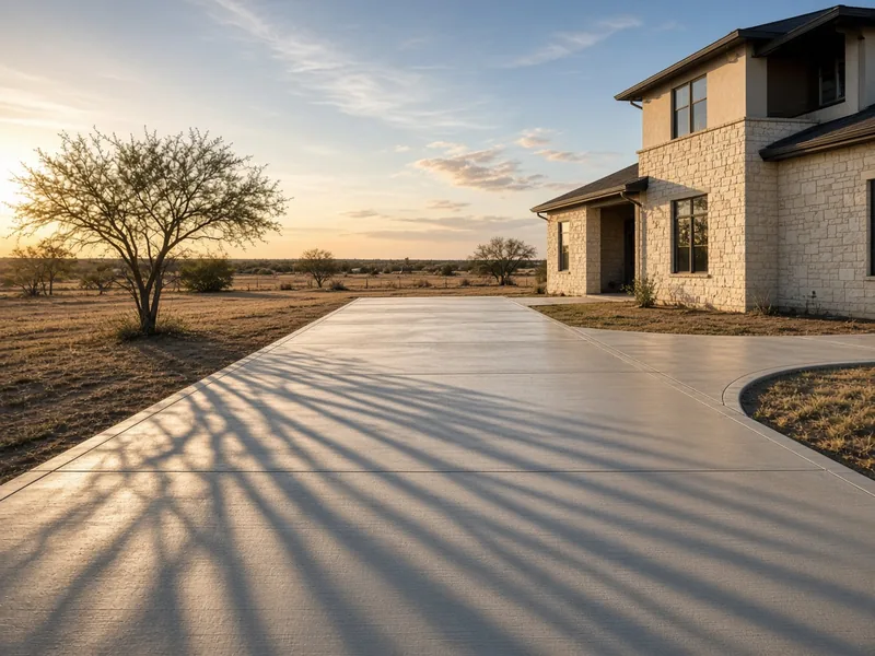 Wide new concrete driveway with side parking at a limestone two-story home at sunset