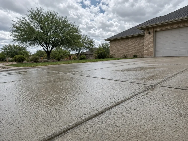 Low view of a new driveway's control joints after rain, sloping away from the garage, Abilene, TX