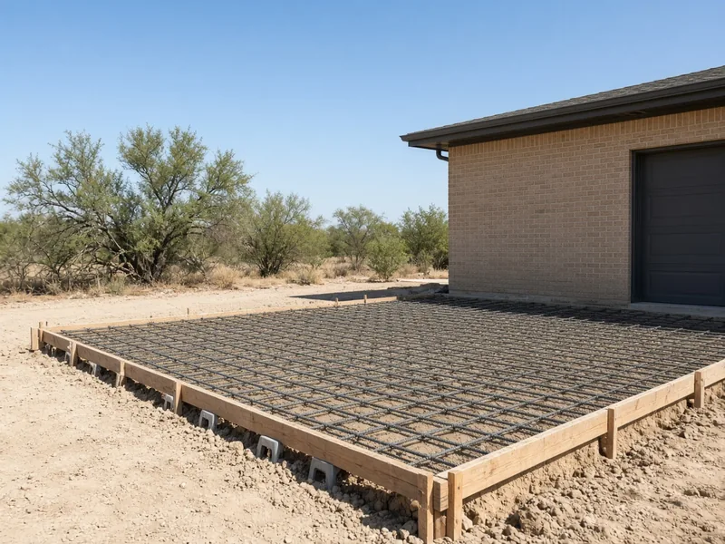 Rebar grid on chairs inside wood forms for a thickened-edge driveway beside a brick garage, Abilene, TX