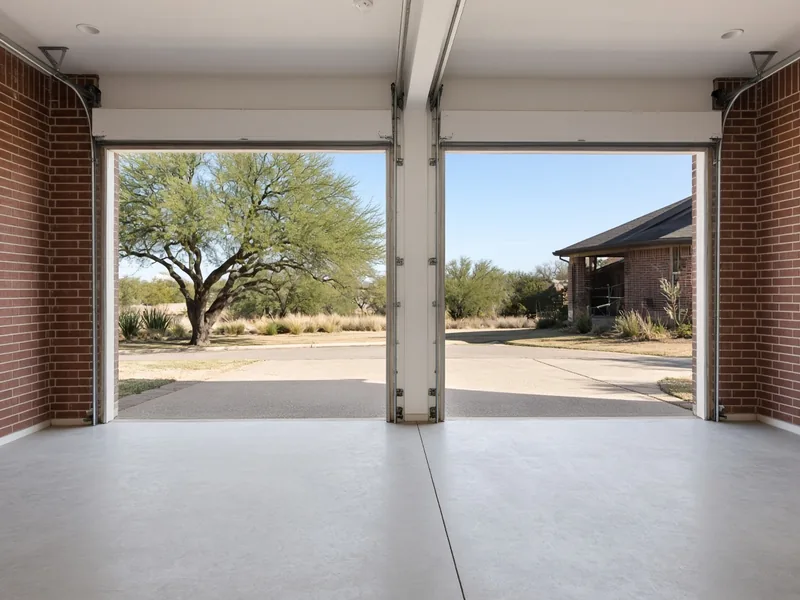 Empty two-car garage with a fresh smooth concrete floor, doors open