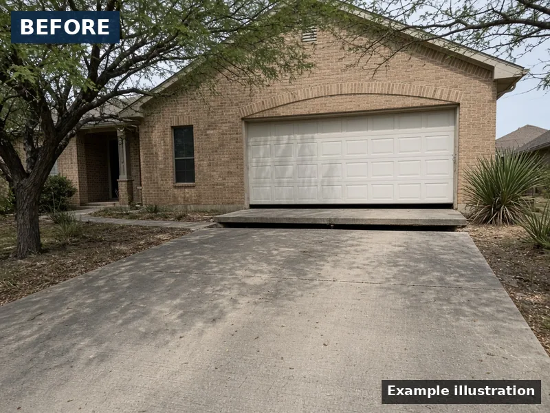 Example illustration: before — example illustration, before: driveway slab sunk below the garage edge, Abilene, TX