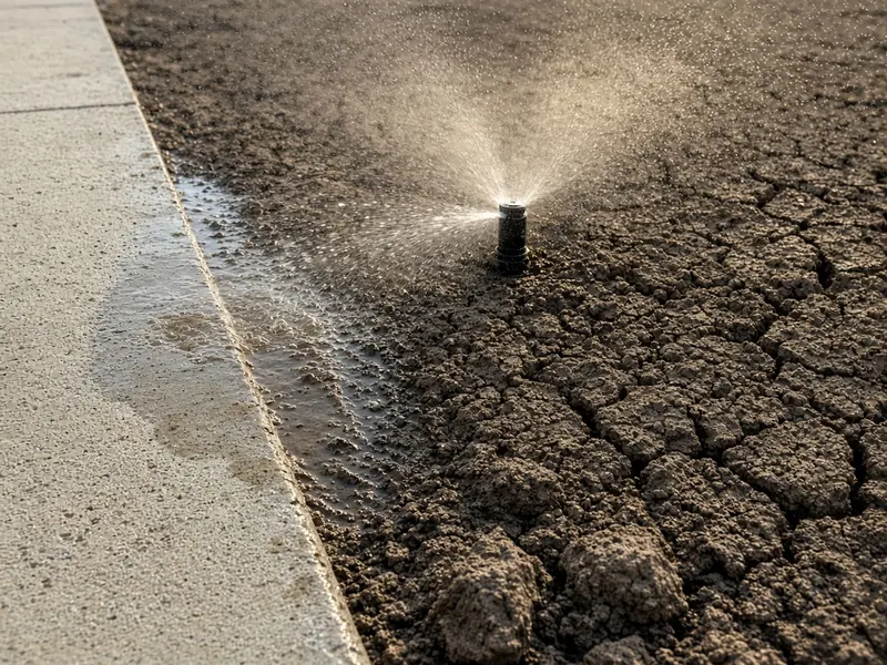 Sprinkler water soaking into cracked clay at the edge of a concrete walk, Abilene, TX