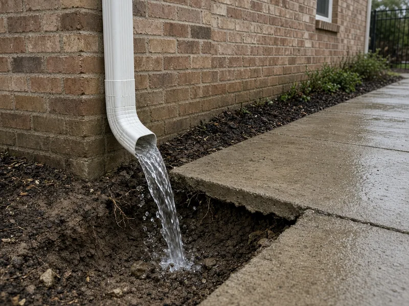 Downspout washing out soil under a tilted concrete walkway, Abilene, TX