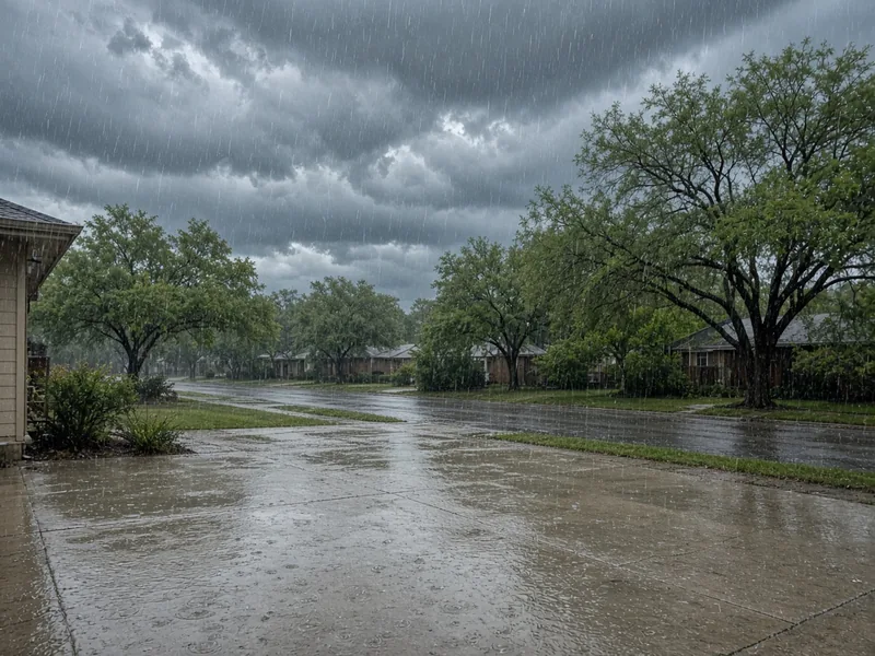 Spring rainstorm over a neighborhood street and wet driveways, Abilene, TX