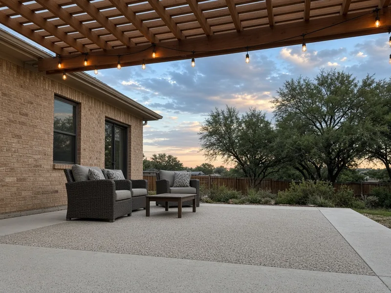 Exposed aggregate patio with a smooth border under a pergola with string lights