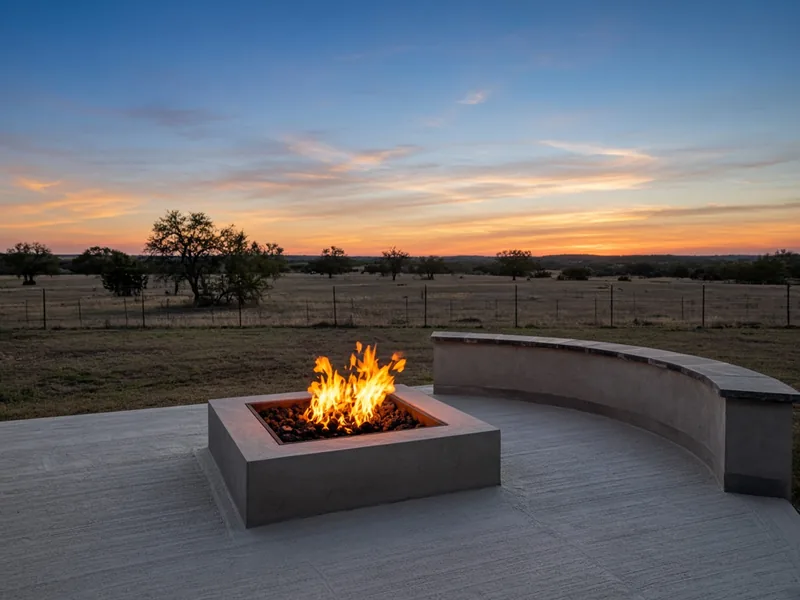 Concrete patio with a fire pit and curved seat wall overlooking pasture at sunset
