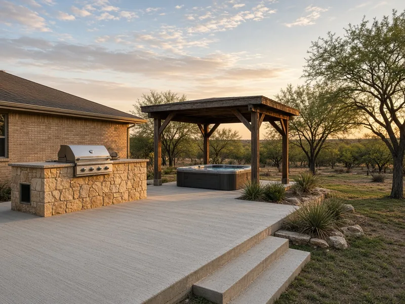 Thick concrete slab under a stone grill island and a covered hot tub, Abilene, TX