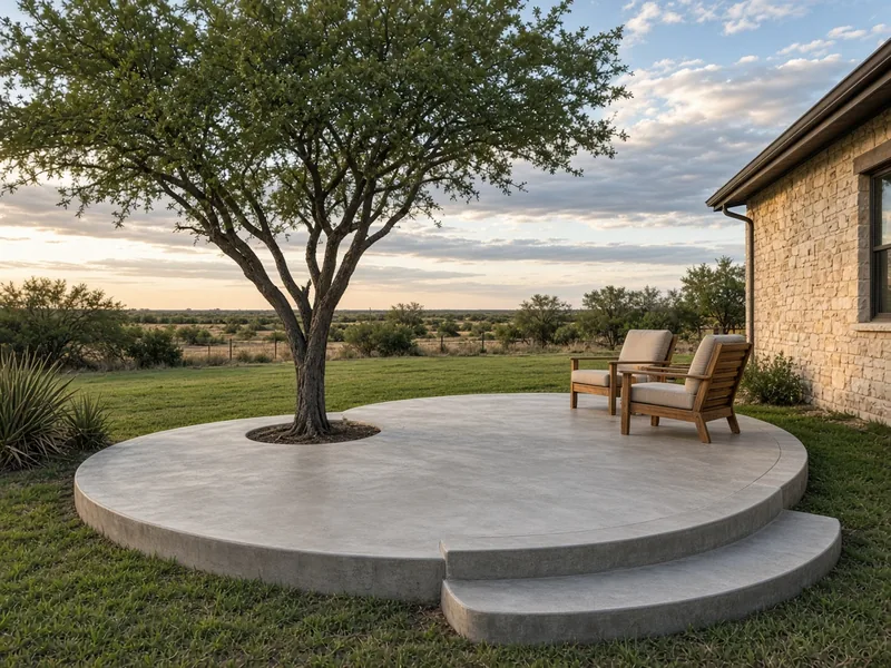 Round concrete patio built around a mesquite tree with a step down to the lawn, Abilene, TX