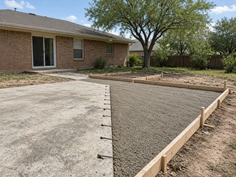 Old patio with dowels drilled into its saw-cut edge and forms for a larger extension, Abilene, TX