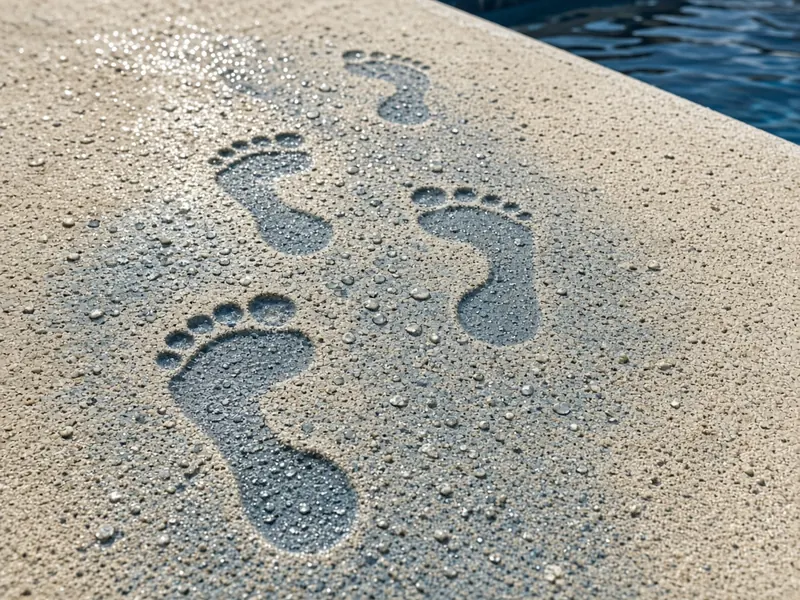 Wet footprints on a light, grippy textured pool deck, Abilene, TX