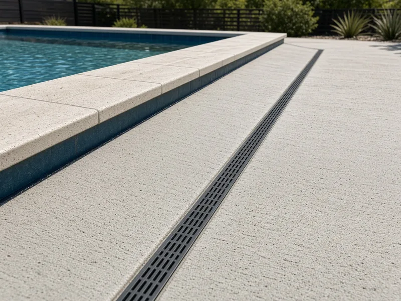 Pool deck sloping to a slotted drain channel beside the coping, Abilene, TX