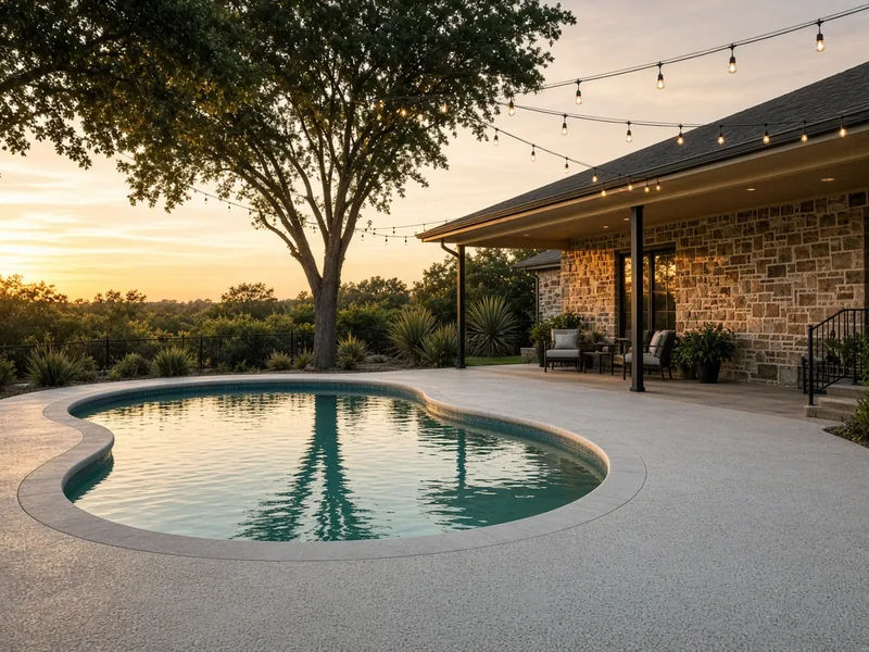 Finished kidney pool with a light textured deck at a stone home at sunset