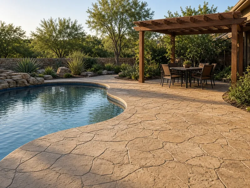 Tan stamped slate-pattern pool deck with a pergola dining area, Abilene, TX