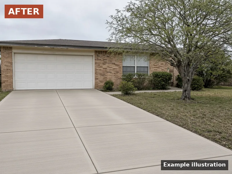 Example illustration: after — example illustration, after: same home with a new replacement concrete driveway, Abilene, TX