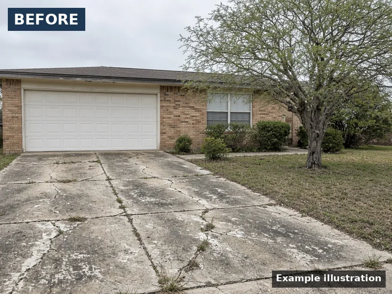 Example illustration: before — example illustration, before: cracked, stained old driveway at a brick ranch home, Abilene, TX