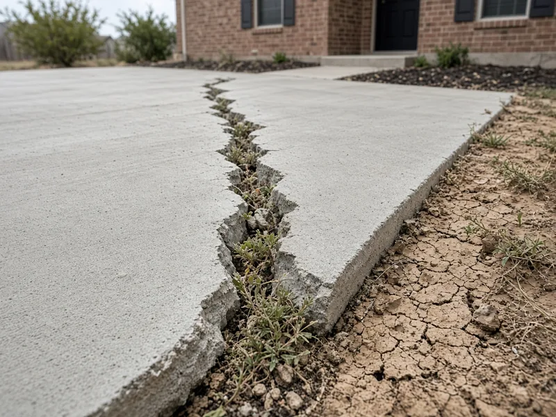 Wide driveway crack with one side heaved higher than the other, Abilene, TX