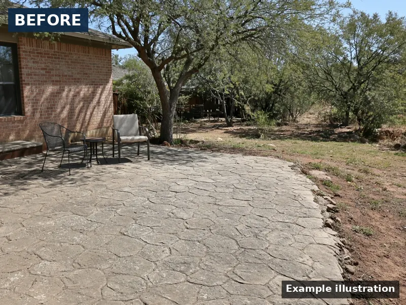 Example illustration: before — example illustration, before: faded, chalky stamped patio, Abilene, TX