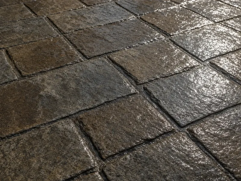 Glossy acrylic sealer deepening the color of stamped ashlar concrete, Abilene, TX