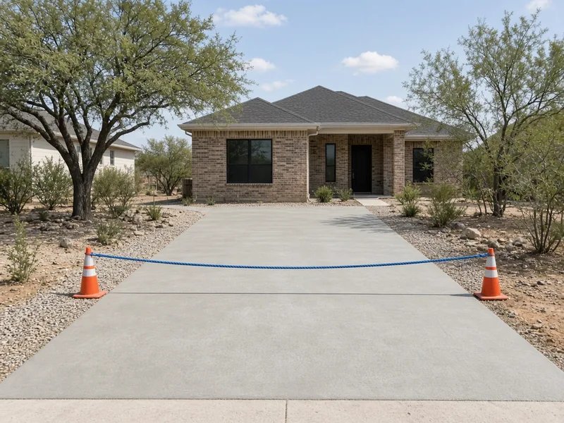 Brand-new curing driveway roped off with cones at a brick home, Abilene, TX