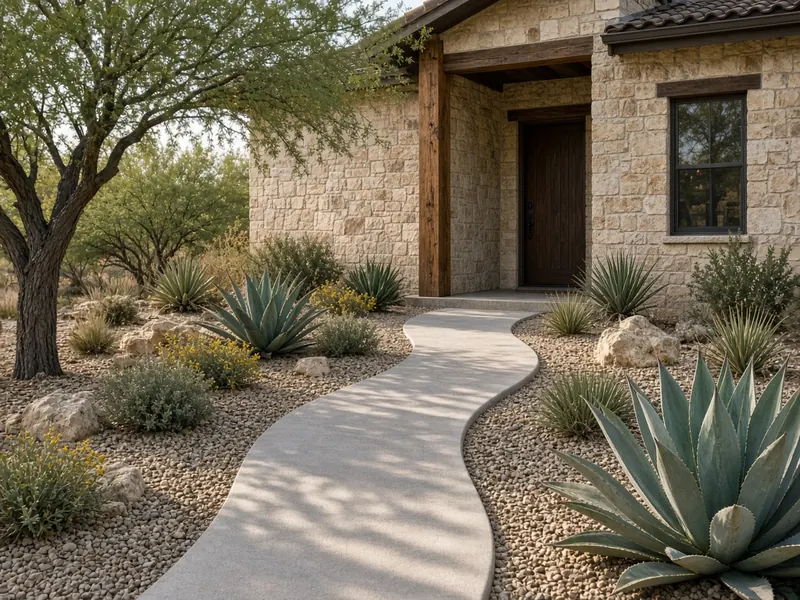 Curving concrete entry path through xeriscape to a limestone home's front door, Abilene, TX