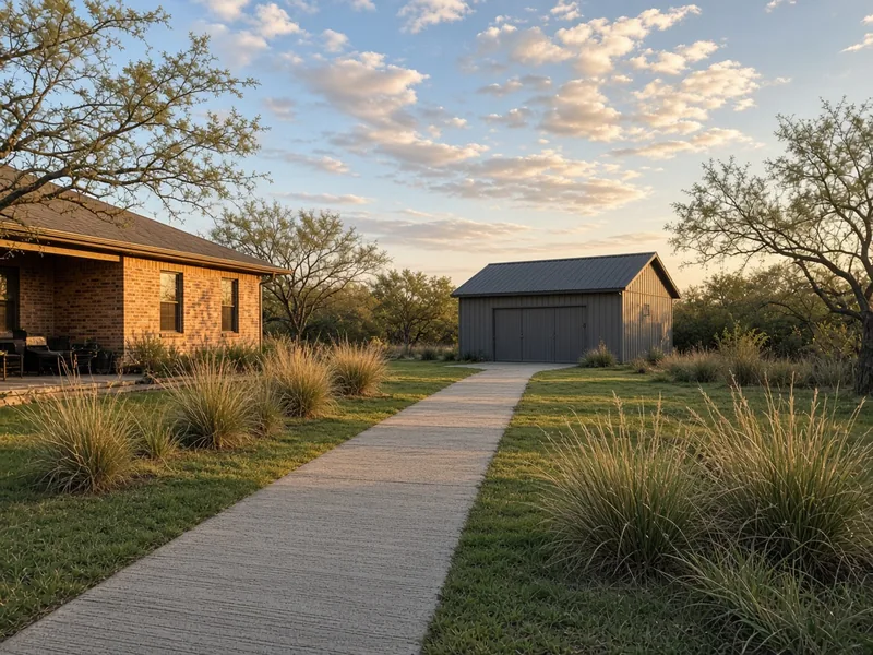 Backyard concrete walkway from a brick home to a detached metal workshop