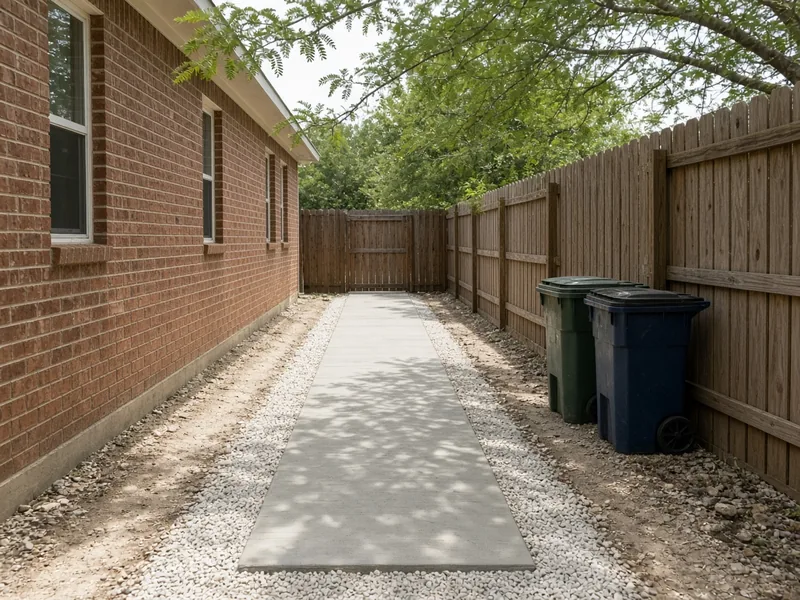 Side-yard concrete path between a brick house and a wood privacy fence, Abilene, TX