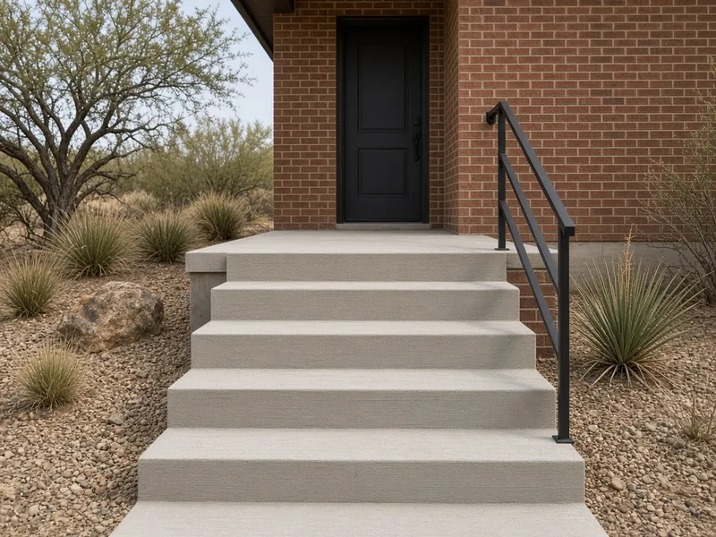 New concrete front steps with a landing and a black metal handrail, Abilene, TX