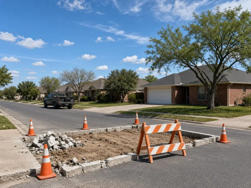 Cones and a barricade around a removed curb section on a residential street, Abilene, TX