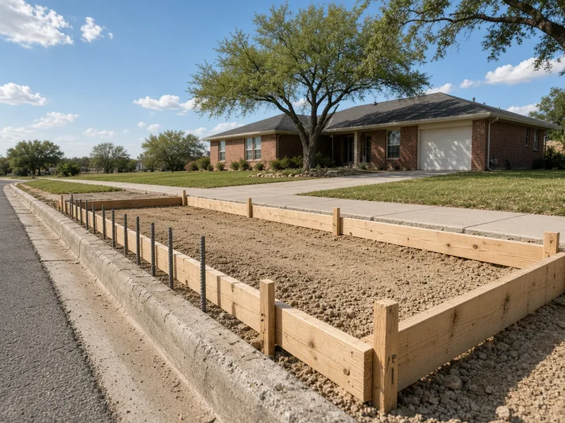 Wood forms and curb dowels set for a driveway approach, ready for the form inspection, Abilene, TX